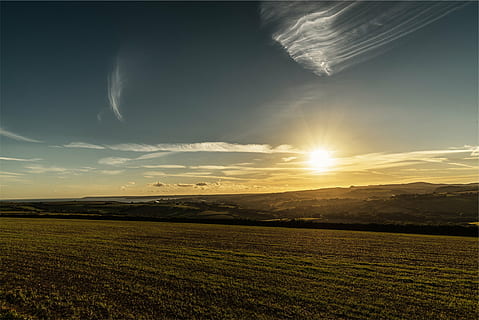 green, landscape, blue, sky, daytime, soil, ground, golden, hour, sunset, fields, valleys, clouds, rural, agriculture, field, farm, rural scene, nature, tranquil scene, tranquility, scenics, beauty in nature, environment, scenics - nature, land, cloud - sky, sun, sunlight, no people, lens flare, idyllic, sunbeam, outdoors, bright, brightly lit, 1080P, CC0, public domain, royalty free