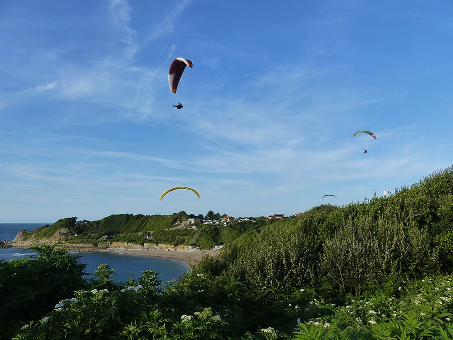 parapent, costat, basc, cote basque, erromardie, chibau berria, cel, platja, país, França, oceà, ala, aventura, Esports extrems, volant, paracaigudes, esport, planta, activitat d'oci, naturalesa, arbre, a l'aire, bellesa a la natura, persones reals, llibertat, persona irreconeixible, dia, estils de vida, joia, aigua, a l'aire lliure, 4K
