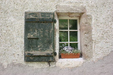 vindue, gammel, lukker, mur, bygning, væg, bygning, hjem, arkitektur, bygning udvendig, bygget struktur, dag, ingen mennesker, hus, murbygningsfunktion, plante, udendørs, lukket, potteplante, natur, boligområde, indgang, træ - materiale, dør, vækst, vinduesramme, vindues boks, 4K, CC0, offentligt domæne, royaltyfrie
