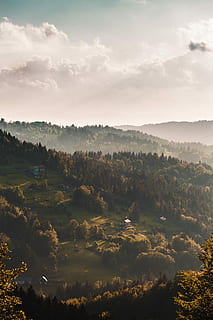 high, angle view, trees, clouds, aerial, photography, green, field, mountains, white, hillside, cloud, hill, forest, wood, tree, sunlight, sunshine, house, home, nature, remote, shadow, rolling hill, verdant, sky, beauty in nature, cloud - sky, scenics - nature, tranquil scene, tranquility, plant, environment, non-urban scene, no people, idyllic, landscape, growth, sunset, outdoors, land, day, hazy, 5K, CC0, public domain, royalty free