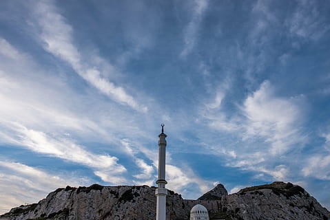 západ slunce, Gibraltar, mešita, nebe, mraky, slunce, soumrak, záliv, mrak - nebe, architektura, destinace, Příroda, Skála, pevný, rock - objekt, věž, cestovat, hora, nízký úhel pohledu, stavba, scenics - příroda, venku, cestovní ruch, modrý, sdělení, nikdo, den, 5K, CC0, veřejná doména, bez autorských práv