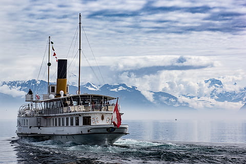 white, red, boat, blue, clouds, cloudscape, cruise, dawn, ferry, fog, foggy, harbor, landscape, luxury, nature, nautical, ocean, outdoors, sailing, sea, ship, tourism, transportation system, travel, water, watercraft, winter, nautical vessel, transportation, mode of transportation, cloud - sky, sky, mountain, day, motion, no people, beauty in nature, sailboat, scenics - nature, 2K, CC0, public domain, royalty free