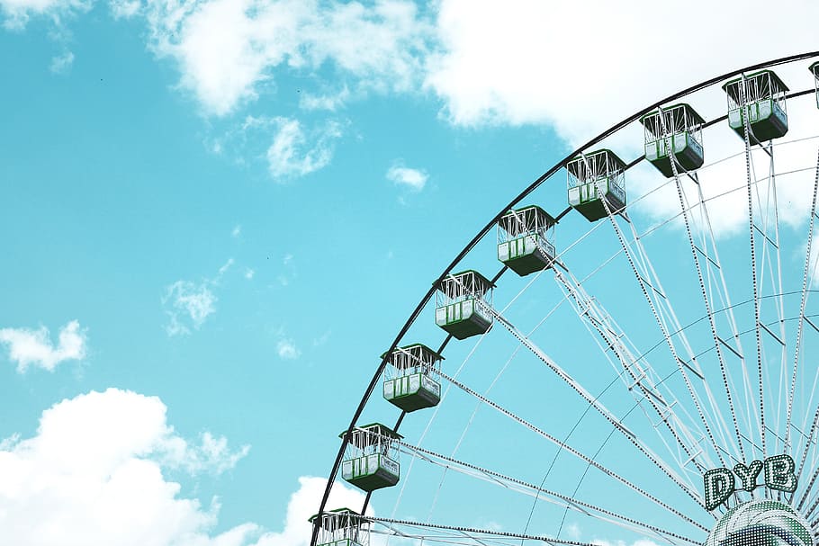 ferris, wheel, fairground, Ferris wheel, various, sky, amusement Park Ride, fun, outdoors, amusement Park, blue, leisure Activity, excitement, spinning, circle, recreational Pursuit, arts culture and entertainment, traveling carnival, low angle view, cloud - sky, nature, built structure, no people, day, enjoyment, architecture, metal, rollercoaster, carnival, 4K