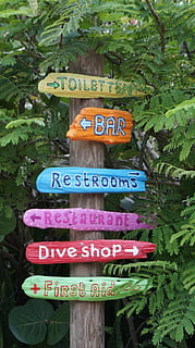 assorted signage, directory, signposts, direction, bar, toilet, restaurant, curacao, dive shop, green, colorful, yellow, red, blue, color, orange, datailaufnahme, plant, wood, caribbean, text, communication, western script, sign, tree, information, day, information sign, nature, no people, capital letter, green color, guidance, outdoors, arrow symbol, multi colored, close-up, symbol, number, message, 1080P, CC0, public domain, royalty free
