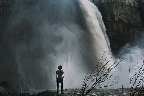 boy, standing, waterfalls, branches, gray, men, rocks, waterfall, nature, people, outdoors, water, adult, one Person, landscape, scenics, river, day, real people, scenics - nature, beauty in nature, lifestyles, leisure activity, rear view, land, three quarter length, non-urban scene, casual clothing, power in nature, males, looking at view, 4K, CC0, public domain, royalty free