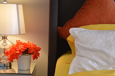 orange, petaled flowers, white, ceramic, pot, bed, pillow, lamp, bedside, pillows, flower, bedroom, house, home, cushions, bedspread, headboard, accommodation, room, interior, table, furniture, bedtime, comfort, comfortable, bedding, linens, night table, decor, flowering plant, indoors, domestic room, home interior, lighting equipment, no people, plant, electric lamp, vase, close-up, yellow, nature, chair, seat, flower head, 5K, CC0, public domain, royalty free