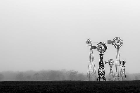 silhouette, five, windmills, nothing, not, none, renewable energy, fuel and power generation, alternative energy, environment, environmental conservation, sky, wind power, wind turbine, turbine, landscape, rural scene, field, nature, fog, copy space, land, no people, plant, outdoors, power in nature, sustainable resources, 1080P, CC0, public domain, royalty free