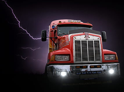 czerwona ciężarówka towarowa, transformator, Lampa błyskowa, ciemny, tło, Tapeta, plakat, samochód ciężarowy, burza, noc, transport, ładunek, kolaż, czerwony, środek transportu, niebo, chmura - niebo, reflektor, pojazd lądowy, Błyskawica, Natura, wypadki i katastrofy, pojazd silnikowy, oświetlony, moc w naturze, żadnych ludzi, porozumiewanie się, siła, cyfrowy kompozyt, czarne tło, 5K, CC0, domena publiczna, darmowe zdjęcia