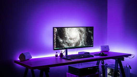 flat, screen computer, monitor, turned, beside, keyboard, mouse, speakers, table, inside, room, computer, apple, electronics, modern, technology, business, office, work, desk, purple, light, computer Monitor, indoors, computer equipment, no people, television set, device screen, illuminated, screen, studio shot, futuristic, absence, lighting equipment, furniture, light - natural phenomenon, human representation, 5K, CC0, public domain, royalty free