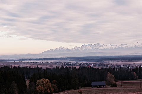 clouds, forest, landscape, mountains, rural, snow, village, winter, mountain, nature, scenics, mountain Range, scenics - nature, cloud - sky, sky, beauty in nature, plant, tree, tranquility, environment, tranquil scene, no people, non-urban scene, cold temperature, architecture, snowcapped mountain, outdoors, 5K, CC0, public domain, royalty free