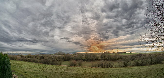 clouds, structure, sky, color, dark clouds, sun, sunset, evening sky, setting sun, abendstimmung, mood, nature, cloudscape, atmospheric, afterglow, clouds form, trees, romantic, beautiful, enormous, bright cloud, view, landscape, atmosphere, hell, vision, panorama, weather, covered sky, cloud - sky, environment, grass, plant, tree, land, scenics - nature, beauty in nature, field, dramatic sky, rural scene, tranquility, no people, plain, meadow, springtime, 1080P, CC0, public domain, royalty free