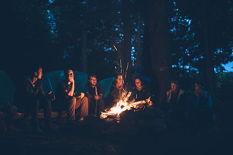 Sette, uomini, seduta, davanti, falò, ore notturne, sette uomini, all'aperto, fuoco di bivacco, campeggio, persone, natura, fuoco - fenomeno naturale, donne, gruppo di persone, foresta, notte, calore - temperatura, stili di vita, albero, fiamma, ardente, fuoco, persone reali, attività di svago, gruppo medio di persone, terra, gruppo, ceppo, legna, 5K, CC0, dominio pubblico, privo di copyright