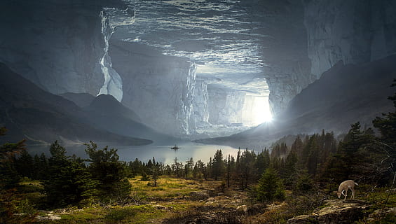 green, forest tree, daytime, fantasy, cave, mystical, rock, stone, caves portal, fairytale, fairy tales, mood, mysticism, light, nature, landscape, composing, forest, atmosphere, mysterious, lighting, photo montage, trees, animal, romantic, roe deer, mountains, lake, meadow, idyllic, fantastic, outlook, stunning, imposing, gorgeous, unique, distant view, worth a visit, view, mountain, scenics - nature, beauty in nature, mountain range, land, environment, no people, rock - object, tree, day, non-urban scene, outdoors, solid, fog, plant, formation, mountain peak, 4K, CC0, public domain, royalty free