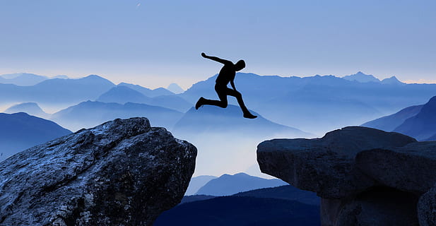 man jump, tip, mountain, another, cliff, jump, high, rock, boy, silhouette, leisure, venture, sport, dom, sporty, sky, composing, klipp springer, landscape, fly, overcoming, body, adventure, courage, challenge, communication, motion, extreme sports, climbing, mountain range, sign, warning sign, mountain climbing, activity, one person, clambering, conquering adversity, mountain peak, 5K, CC0, public domain, royalty free