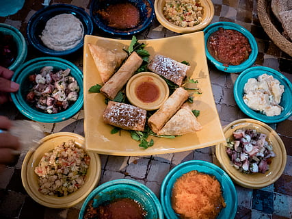 assorted, dishes, yellow, blue, ceramic, bowls, shells, appetizers, dips, dumplings, sauces, vegetables, salads, seafood, courts, benefit from, tasty, table, restaurant, pleasure, moorish, moroccan, arabic, oriental, eat, food, gastronomy, dine, gourmet, traditionally, delicious, dipping, dip, morocco, casablanca, lasquala, food and drink, freshness, ready-to-eat, bowl, high angle view, still life, choice, no people, indoors, healthy eating, variation, directly above, meat, vegetable, meal, bread, condiment, large group of objects, snack, 4K, CC0, public domain, royalty free