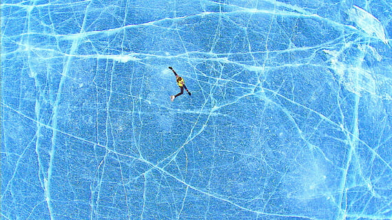 person, falling, blue, surface, bird-eye, view photography, person skiing, frozen, lake, ice, winter, skating, rink, nature, pool, swimming pool, high angle view, outdoors, day, one person, sport, winter sport, water, motion, cold temperature, small, turquoise colored, purity, 2K, CC0, public domain, royalty free