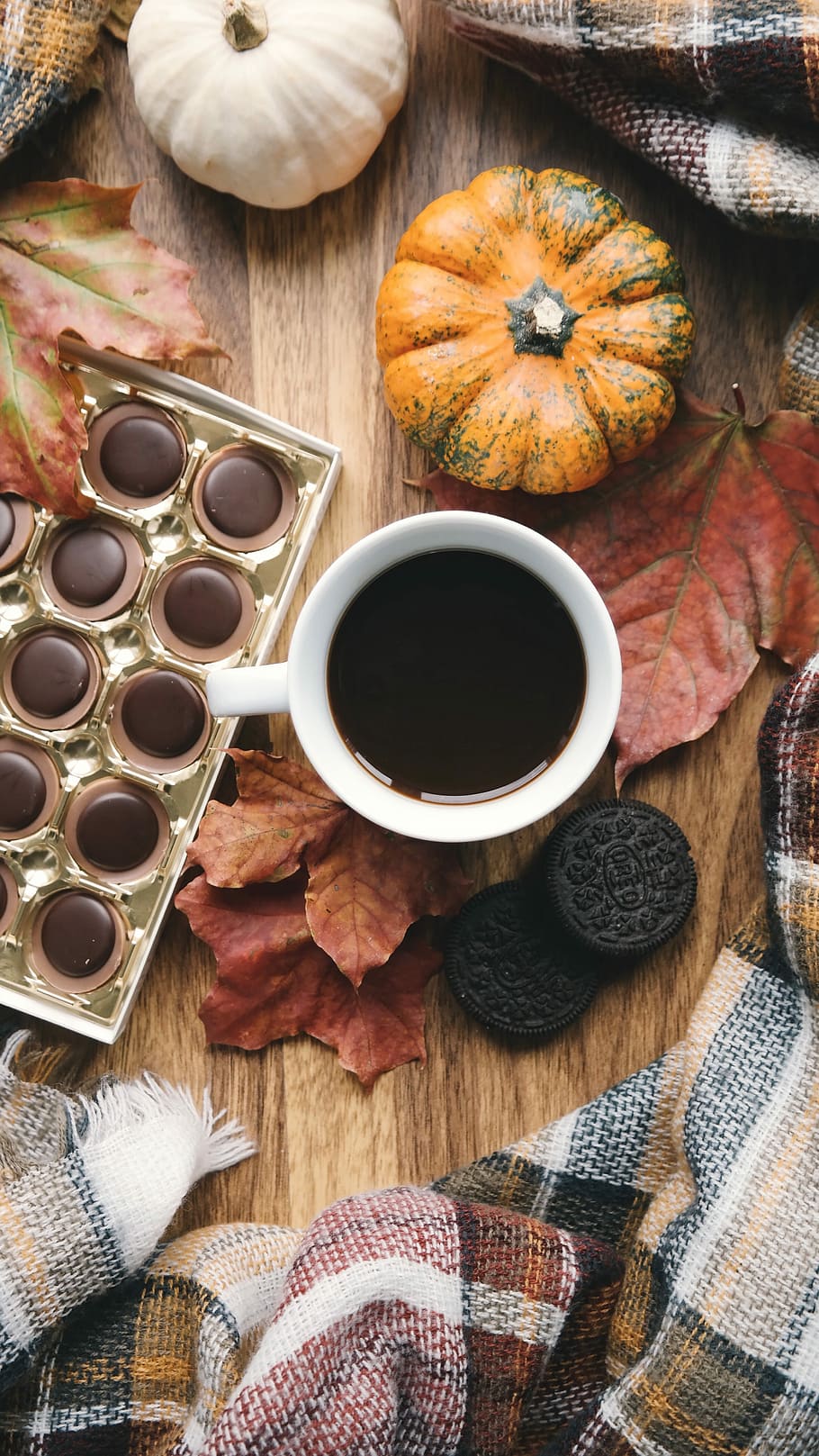 blanc, ceràmica, tassa, cafè, carbassa, cookie, galeta, manta, toffifee, fulles, taula, tardor, pis pla, carbasses, acollidor, temporada, caure, full, menjar i beguda, menjar, frescor, vista d’angle alt, a l'interior, directament a sobre, refresc, beure, cafè - beguda, tassa de cafè, material de fusta, natura morta, cap gent, alimentació saludable, benestar, 5K