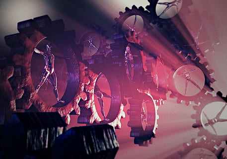 black, gears, red, lighting, human, gear, man machine, machine, machinery, transmission, mesh, vitruvius, fate, connectedness, karma, beyond, fantasy, a bondage, shackles, everyday life, burnout, spoke in the wheel, insignificance, loss of identity, hell, devil, punishment, death, new age, blue, back light, dust light, light beam, prison, penalty, man, glass, metal, mechanics, movement, reliability, contrast, shadow, damnation, limbus, end of the world, indoors, no people, arts culture and entertainment, close-up, still life, equipment, night, music, technology, healthcare and medicine, representation, light - natural phenomenon, machine part, nightlife, enjoyment, pink color, selective focus, wheel, 1080P, CC0, public domain, royalty free