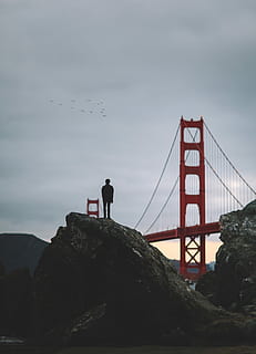 foto di silhouette, uomo, formazione rocciosa, di fronte, giorno, silhouette, foto, ponte di Londra, Golden Gate Bridge, Contea di San Francisco, California, posto famoso, Stati Uniti d'America, ponte - struttura fatta dall'uomo, ponte sospeso, mare, l'oceano Pacifico, rosso, San Francisco, California, all'aperto, destinazioni di viaggio, architettura, cielo, nebbia, persone reali, in piedi, roccia, uomini, natura, persone, ponte, struttura costruita, stili di vita, connessione, roccia - oggetto, montagna, solido, attività di svago, acqua, nuvola - cielo, baia, 4K, CC0, dominio pubblico, privo di copyright