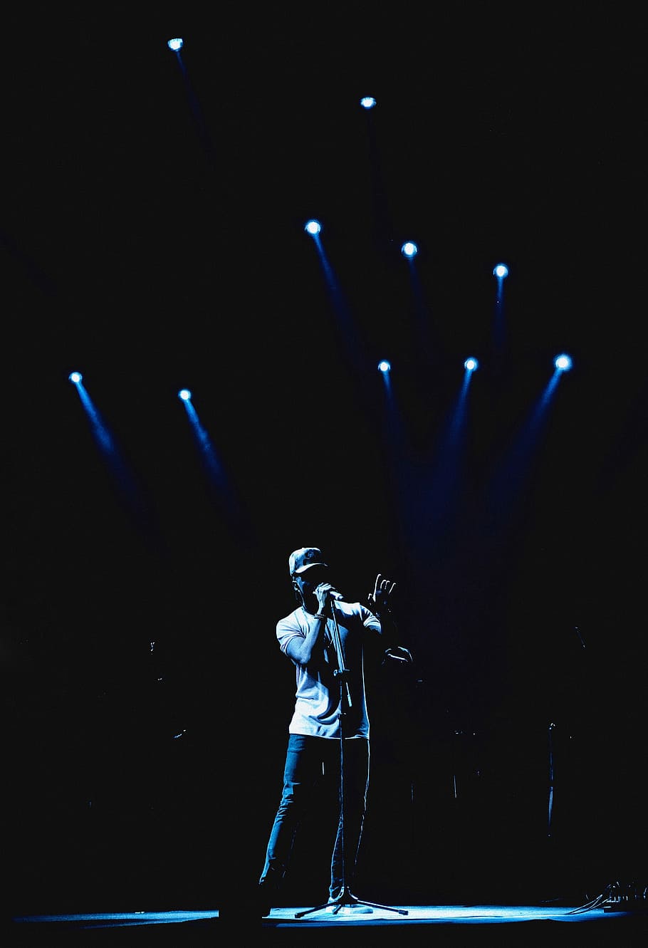 uomo che si esibisce, uomo, cantando, palcoscenico, luce, mostrare, prestazione, cantare, persona, microfono, lavoro, sfondo, ombra, blu, estate, cantante, esecutore, musica, concerto, stage - spazio per le prestazioni, cultura artistica e intrattenimento, evento artistico, evento, una persona, notte, vita notturna, dispositivo di input, musica rock, attrezzatura per l'illuminazione, riflettore, in casa, illuminato, godimento, musicista, luce scenica, abilità, concerto di musica popolare, Festival, 4K