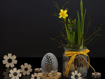 yellow, daffodil, clear, glass vase, easter, egg, flower, snowflake, fruehlingsknotenblume, vase, plant, floral, decor, wooden flowers, wood, spring, decoration, narcissus, happy easter, flowering plant, nature, indoors, no people, studio shot, freshness, black background, glass - material, container, close-up, table, beauty in nature, still life, holiday, celebration, flower head, 5K, CC0, public domain, royalty free