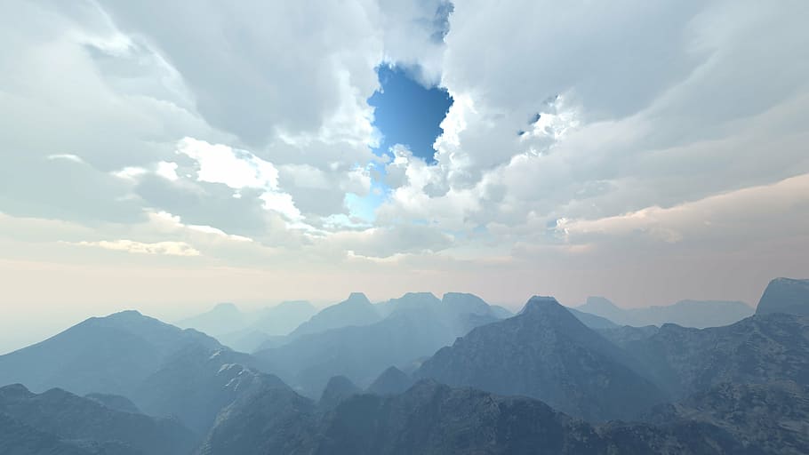 sort, grå, bjerge, hvid, himmel, dagtimerne, digital kunst, computer grafik, skyer, bjerg, natur, bjergtop, Asien, landskab, udendørs, scenics, Kina - Østasien, sky - himmel, skønhed i naturen, scenics - natur, bjergkæde, miljø, ro, rolig scene, majestætisk, tåge, idyllisk, ikke-urbane scene, ingen mennesker, rejse, sollys, 2K