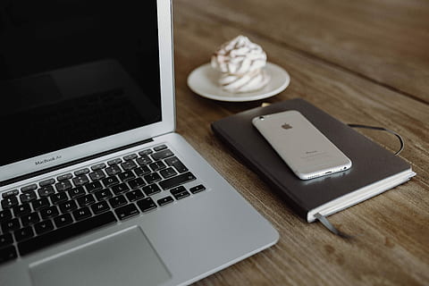 silver apple macbook, Silver, Apple MacBook, Apple, computer, macbook, notebook, laptop, mac, technology, table, desk, business, computer Keyboard, office, wood - Material, no People, internet, pC, computer Monitor, wireless technology, absence, indoors, communication, connection, computer equipment, keyboard, high angle view, portable information device, still life, food and drink, smart phone, mobile phone, computer key, 5K