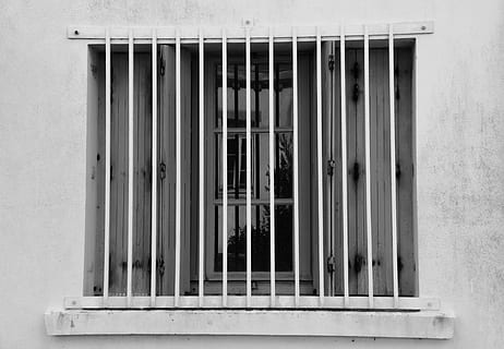 Window, Bars, House, Facade, Reflections, black and white, security, day, architecture, no people, outdoors, built structure, building exterior, building, wall - building feature, wall, metal, close-up, wood - material, pattern, closed, nature, security bar, side by side, window frame, 5K, CC0, public domain, royalty free