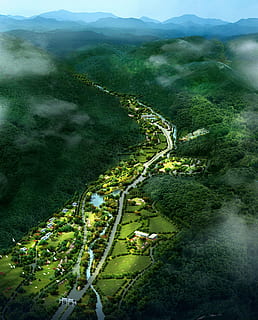 park, rendering, visualization, architecture, visualization 3d, architectural visualization, landscape, building, cgi, beauty in nature, plant, mountain, scenics - nature, green color, tranquil scene, tranquility, tree, growth, nature, environment, day, no people, non-urban scene, high angle view, mountain range, land, outdoors, lush foliage, 4K, CC0, public domain, royalty free