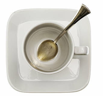 cup, coffee, spoon, drink, cafe, white, white background, studio shot, kitchen utensil, eating utensil, food and drink, cut out, indoors, refreshment, mug, crockery, coffee - drink, close-up, coffee cup, saucer, directly above, no people, hot drink, tray, silver colored, teaspoon, 4K, CC0, public domain, royalty free