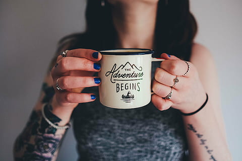 café, coffee, cup, drinking, girl, hands, morning, person, woman, women, drink, coffee - Drink, holding, people, females, one Person, caucasian Ethnicity, young Adult, human hand, front view, hand, text, midsection, western script, indoors, human body part, adult, communication, focus on foreground, lifestyles, close-up, real people, nail polish, nail, 4K
