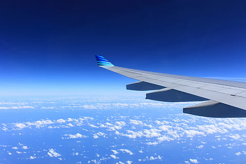 stratosphere view, plane wing, wing, plane, flying, airplane, sky, airplanes, clouds, transportation, blue, air Vehicle, commercial Airplane, travel, aircraft Wing, air, window, mode of transportation, aerial view, cloud - sky, nature, no people, day, journey, environment, outdoors, cloudscape, above, aerospace industry, 5K