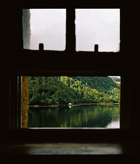 Grün, Bäume, Wasserblick, Fenster, grüne Bäume, Wasser, See, Aussicht, Natur, keine Leute, Landschaft, draußen, Reflexion, Baum, drinnen, Tag, grüne Farbe, Pflanze, Schönheit in der Natur, Szenen - Natur, Ruhe, Glas - Material, Himmel, transparent, Wald, Fensterrahmen, 2K, CC0, gemeinfrei, lizenzfrei