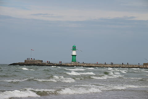Sea, Lighthouse, Wave, direction, building exterior, built structure, water, guidance, sky, safety, nature, protection, tower, waterfront, architecture, security, day, beach, motion, beauty in nature, no people, outdoors, 5K, CC0, public domain, royalty free