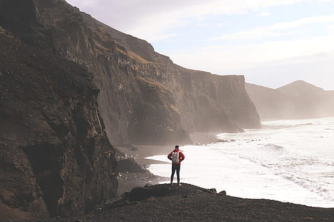 hiker man, stands, dramatic, coast, hiker, man, Iceland, people, adventure, landscape, nature, ocean, outdoors, one Person, time Of Day, color Image, adult, men, viewpoint, image Type, standing, vacations, image Technique, sea, hiking, scenics, copy Space, adults Only, natural Phenomenon, human Age, mountain, mid adult, leisure activity, lifestyles, real people, scenics - nature, beauty in nature, rock, full length, rock - object, sky, solid, holiday, trip, rock formation, non-urban scene, mountain range, formation, 4K