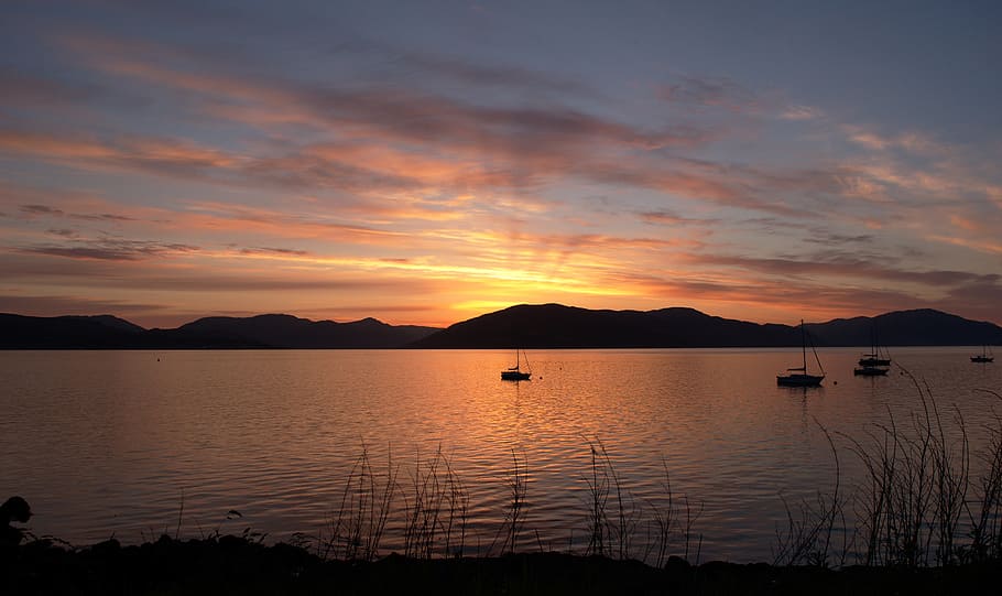 posta de sol, vespre, riu, clyde, tarda, cel, paisatge, aigua, bellesa a la natura, escenics - natura, escena tranquil·la, muntanya, tranquil·litat, núvol - cel, silueta, vaixell nàutic, naturalesa, transport, llac, idíl·lic, color taronja, manera de transport, reflexió, cap gent, a l'aire lliure, veler, 5K