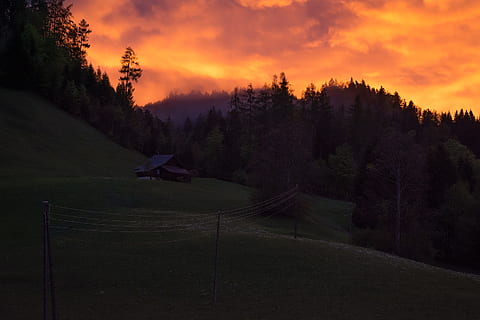 dřevo, světlo, svítání, krajina, podsvícený, oblečení linka, mraky, temný, denní světlo, dramatický, soumrak, večer, podzim, mlha, kopec, Dům, osvětlení, hora, Příroda, venku, scénický, silueta, nebe, západ slunce, cestovat, stromy, počasí, strom, rostlina, krása v přírodě, mrak - nebe, scenics - příroda, klid, přistát, klidné scény, životní prostředí, nikdo, les, mimoměstské scény, oranžová barva, pole, borovice, jehličnatého stromu, borové lesy, 2K, CC0, veřejná doména, bez autorských práv