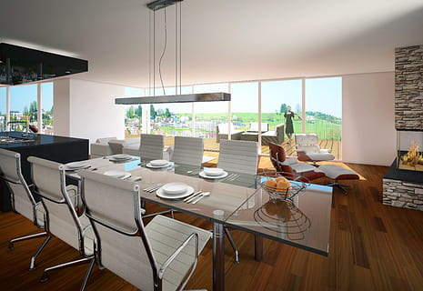 conjunto, seis, sillas, rectangular, claro, mesa de vidrio, interior, hotel, representación, visualización, arquitectura, visualización 3d, visualización arquitectónica, paisaje, edificio, cgi, mesa, adentro, ventana, mueble, silla, piso de madera, piso, cuarto doméstico, asiento, una persona, interior de la casa, sala, día, casa, madera, vida domestica, estilos de vida, longitud total, cocina, moderno, 5K, CC0, dominio público, libre de derechos