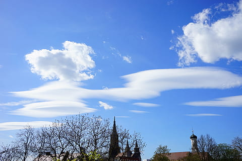 nuvole, nevischio, cloudformation, cielo, giorno d'estate, blu, bianca, forma di nuvole, giorno soleggiato, soleggiato, sole, raggio di sole, bella giornata, estate, nubi cumuliformi, tempo metereologico, clima, riscaldamento del clima, sopra le nuvole, cielo blu, azur, Ulm, cattedrale di Ulm, città, vista della città, nuvola - cielo, albero, pianta, Inquadratura dal basso, natura, giorno, struttura costruita, nessuno, architettura, esterno dell'edificio, bellezza nella natura, la tranquillità, albero nudo, scenics - natura, scena tranquilla, all'aperto, costruzione, religione, wispy, 5K, CC0, dominio pubblico, privo di copyright