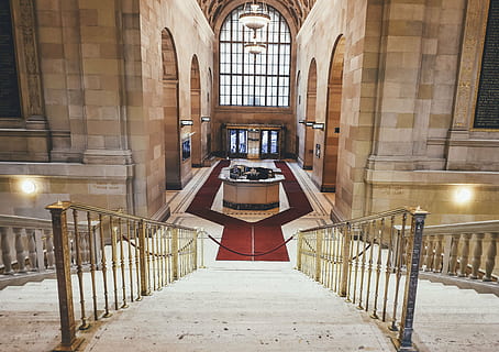 white, stairs, brass handrails, architecture, building, infrastructure, structure, establishment, windows, condominium, hotel, carpet, built structure, railing, lighting equipment, staircase, arch, no people, illuminated, indoors, the way forward, place of worship, direction, day, fence, religion, boundary, barrier, the past, architectural column, altar, 4K, CC0, public domain, royalty free