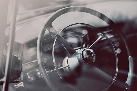 old, car, Steering wheel, old car, various, close-up, no people, indoors, technology, day, metal, geometric shape, circle, motor vehicle, glass - material, transportation, mode of transportation, selective focus, land vehicle, machinery, equipment, focus on foreground, shape, reflection, complexity, silver colored, steel, 4K