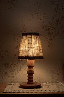 night table lamp, light, bedside table, lighting, electric light, rays, warm white, light bulb, hell, mouth guard, energy, bulbs, pear, enlighten, lamp, yellow, mood, atmospheric, refraction, atmosphere, room lighting, ambience, rustic, wallpaper, electric lamp, lighting equipment, indoors, lamp shade, table, illuminated, no people, furniture, wall - building feature, night, home interior, pattern, side table, absence, domestic room, bed, bedroom, floral pattern, 5K, CC0, public domain, royalty free
