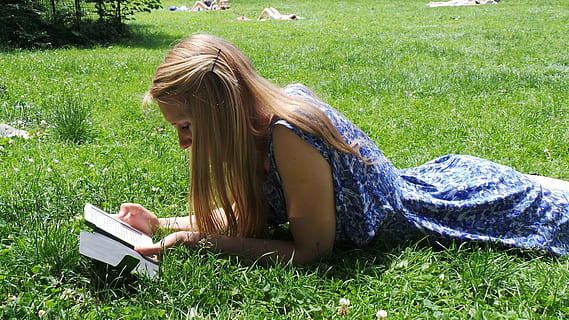 woman, blue, floral, sleeveless dress, lying, grass, read, e reader, park, sun, summer, relax, book, women, outdoors, reading, relaxation, nature, females, people, park - Man Made Space, beautiful, lifestyles, caucasian Ethnicity, young Adult, one Person, beauty, education, publication, plant, leisure activity, real people, field, green color, land, blond hair, young women, hair, hairstyle, studying, 4K, CC0, public domain, royalty free