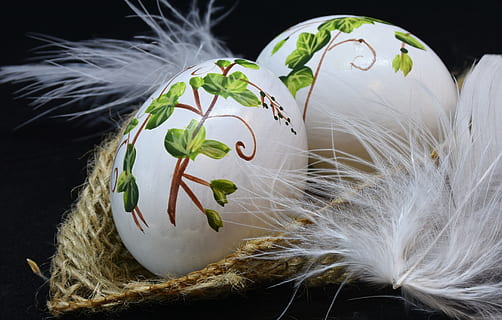 two, white-and-green easter eggs, brown, wicker basket, easter, celebration, egg, easter eggs, painted, feather, fragility, holiday, white, close, still life, tender, fragile, eggshell, hen's egg, yolk, raw, shell, decoration, festival, holidays, beautiful, happy easter, black background, close-up, no people, nature, studio shot, white color, food and drink, food, indoors, plant, animal, animal themes, freshness, softness, 4K, CC0, public domain, royalty free