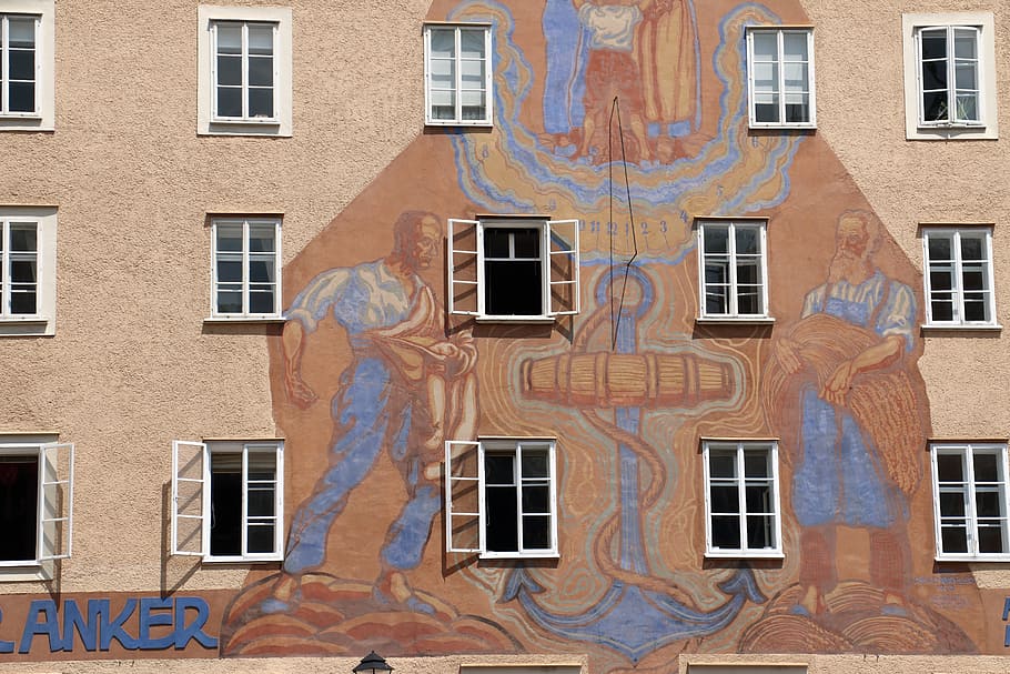 paret, finestra, façana, àncora, homes, lletres, Salzburg, Austràlia, arquitectura, estructura construïda, marc complet, exterior de l'edifici, cap gent, dia, fons, edifici, a l'aire lliure, patró, costat a costat, ciutat, barri residencial, destinacions de viatge, vista d’angle baix, funció de construcció de parets, repetició, viatjar, turisme, mural, apartament, 2K