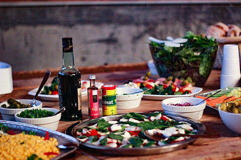 vegetables, plate, beside, bottle, table, bread, condiments, dinner, dish, food, lunch, meal, salads, variation, vegetable, healthy eating, food and drink, cheese, salad, no people, olive oil, freshness, container, drink, selective focus, refreshment, wellbeing, still life, tomato, glass, ready-to-eat, focus on foreground, herb, 5K, CC0, public domain, royalty free