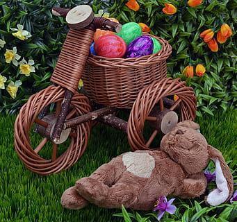 braun, Wicker Fahrrad Spielzeug, Bär, Plüsch-, Hase, Osterhase, Ei, Ostern, Ostereier, Fahrrad, lustig, Farbe, schlafen, Frohe Ostern, Osterei, Ostergrüße, Ostern lustig, Osterfeier, Korb, Korbweide, Container, Pflanze, keine Leute, Lebensmittel, Gras, High Angle View, Tierdarstellung, Kunst und Handwerk, Tag, Natur, Essen und Trinken, Frische, mehrfarbig, Darstellung, Kreativität, draußen, Stillleben, 4K, CC0, gemeinfrei, lizenzfrei