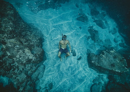 man, black, shorts, wearing, snorkel, men, sitting, blue, ocean, blue ocean, underwater, sea, water, swimming, people, vacations, women, nature, recreational Pursuit, relaxation, leisure Activity, one person, adventure, sport, high angle view, lifestyles, real people, day, waterfront, outdoors, undersea, swimming pool, turquoise colored, 5K, CC0, public domain, royalty free