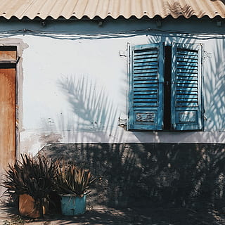 åbnet, blå, louvered windows, åben, træ-, vindue, hus, skygge, bygning, bygning udvendig, arkitektur, bygget struktur, ingen mennesker, boligområde, dag, plante, natur, udendørs, potteplante, tag, murbygningsfunktion, lukket, glas - materiale, lukker, afspejling, sollys, vinduesramme, 1080P, CC0, offentligt domæne, royaltyfrie