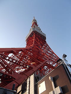 tokyo tower, bygning, arkitektur, bygget struktur, bygning udvendig, lav vinkel visning, himmel, ingen mennesker, skyfri himmel, rød, dag, natur, rejsemål, tårn, by, udendørs, høj - høj, rejse, blå, udvikling, 4K, CC0, offentligt domæne, royaltyfrie